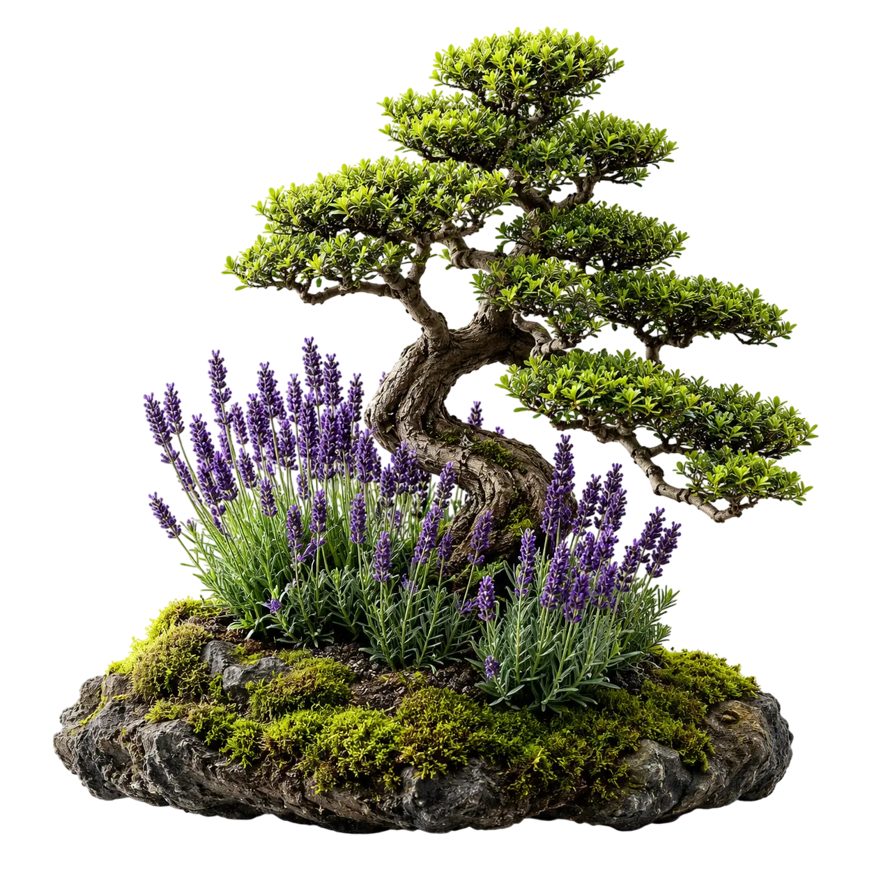 Dekoratif bonsai bitkisiyle peyzaj tasarım detayı