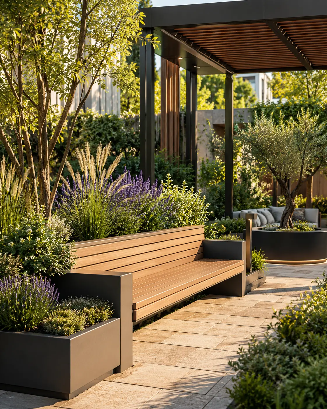 Pergola, oturma grubu ve kent mobilyaları peyzaj uygulaması